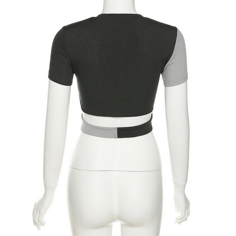 Short-Sleeved Bicolor Graphic Crop Top in Retro Style / Women's Alternative Clothing
