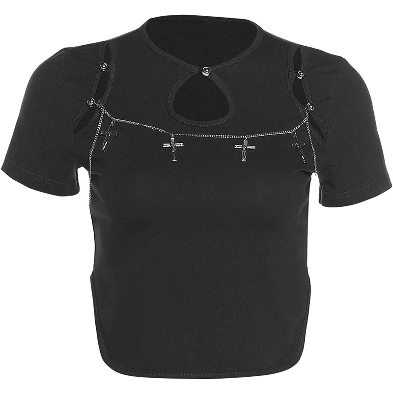 Short T-Shirt With Crosses in Gothic Style / Hot Women's O Neck Crop Top - HARD'N'HEAVY