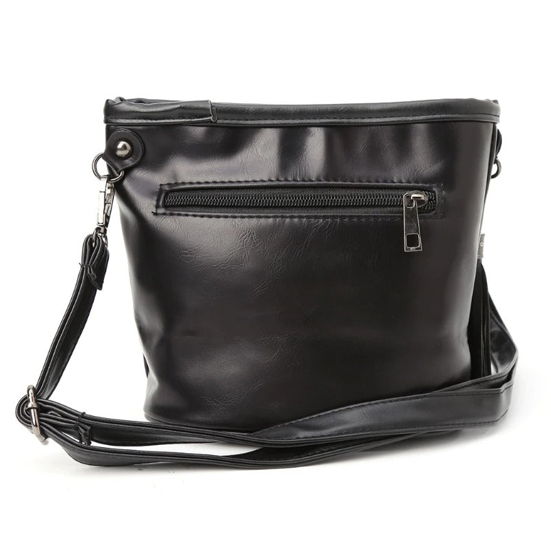 Stylish black imitation leather shoulder bag with a zippered pocket, perfect for rock-style outfits.