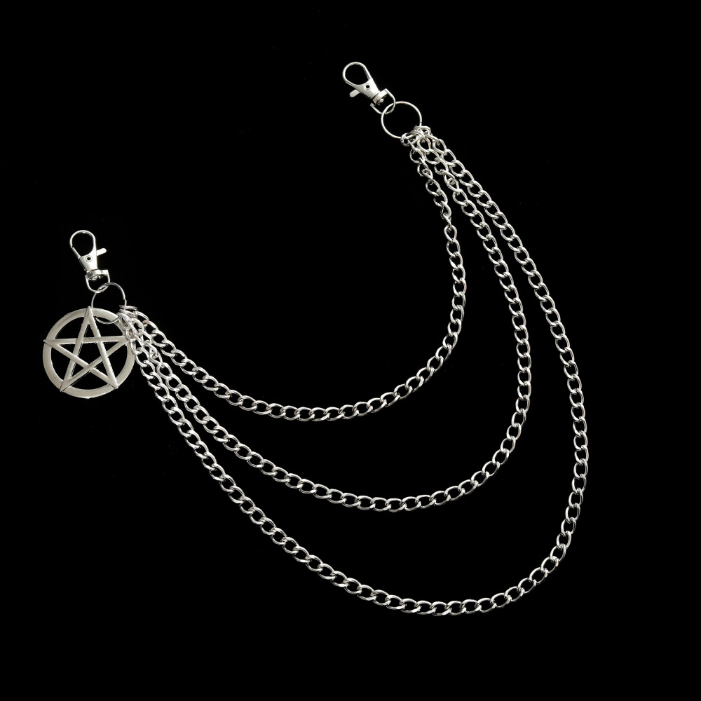 Gothic style side chain for pants featuring a silver pentagram pendant and three tiers of chains.