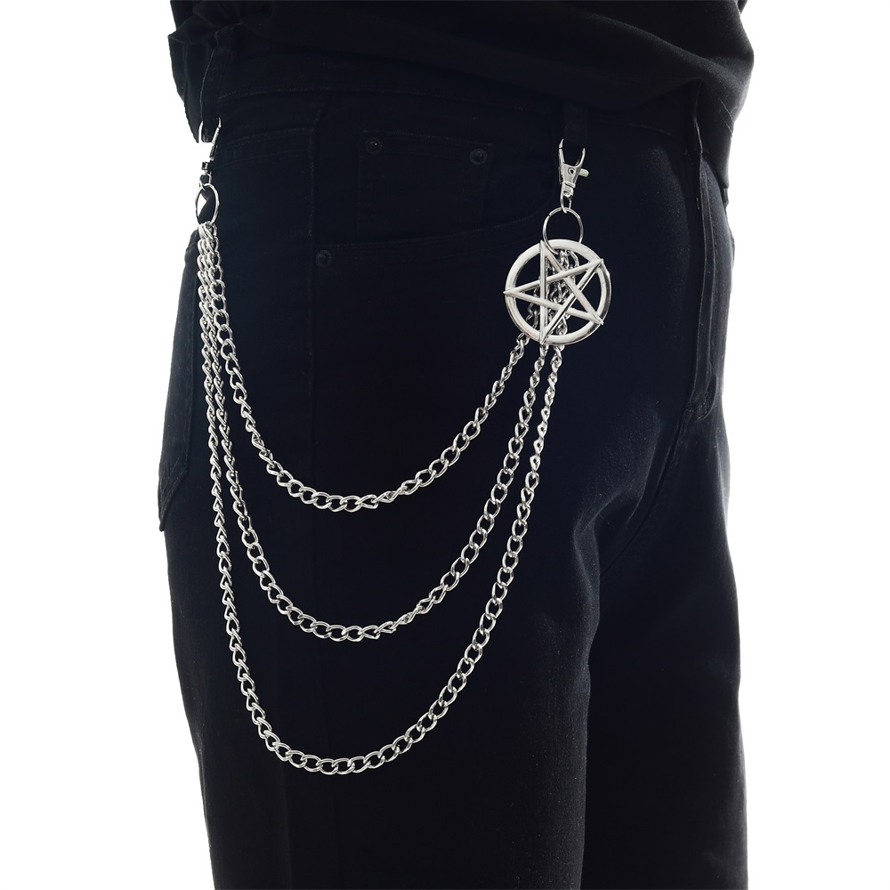 Gothic silver side chain for pants with pentagram pendant, stylish accessory for men and women.