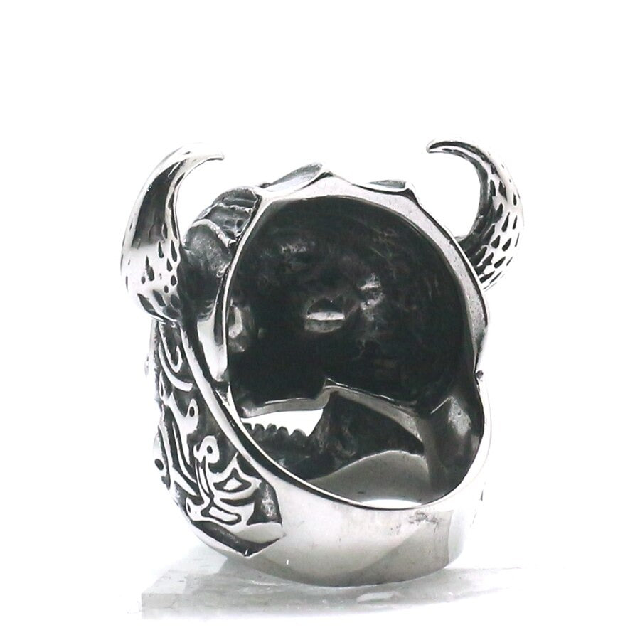 Silver Viking warrior skull ring with intricate details and horns, showcasing bold biker jewelry style.