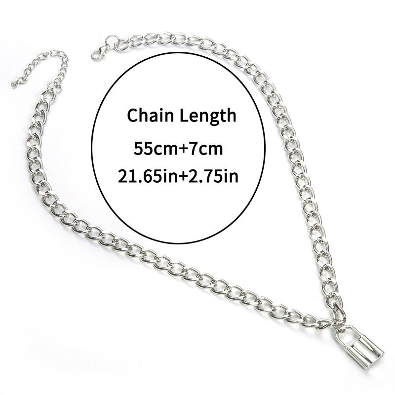 Silver chain necklace with gothic padlock pendant, showcasing length measurements of 55cm+7cm and 21.65in+2.75in.