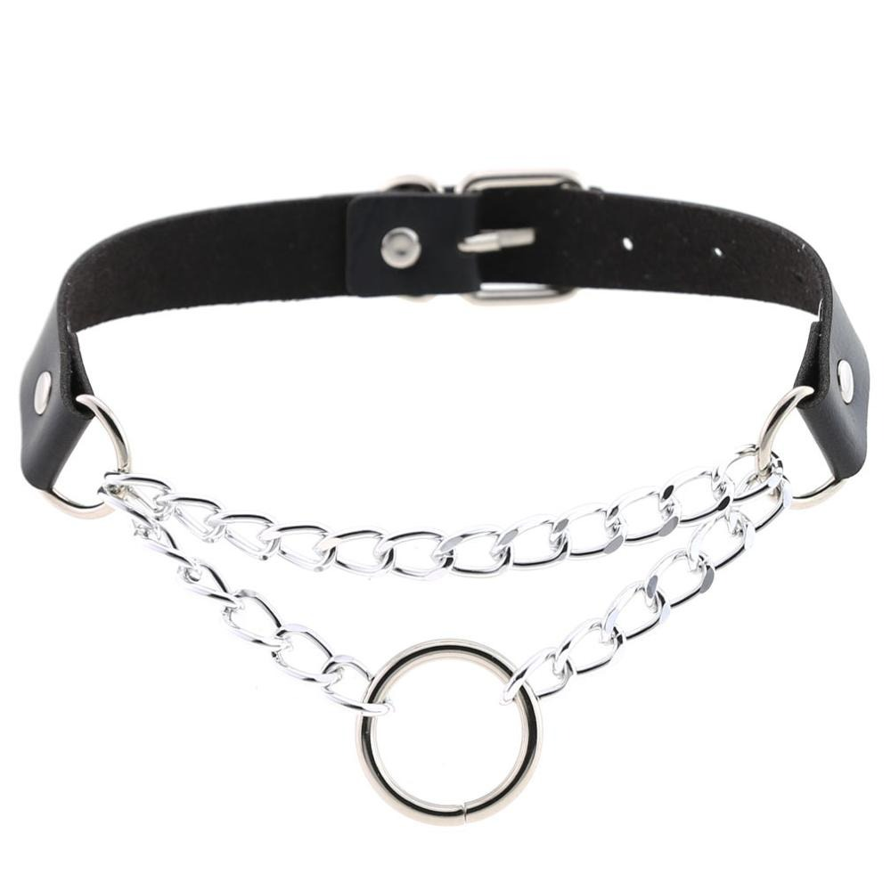 Silver Color Chain Necklace / PU Leather Gothic Choker With Ring And Chain / Unisex Neck Jewelry - HARD'N'HEAVY