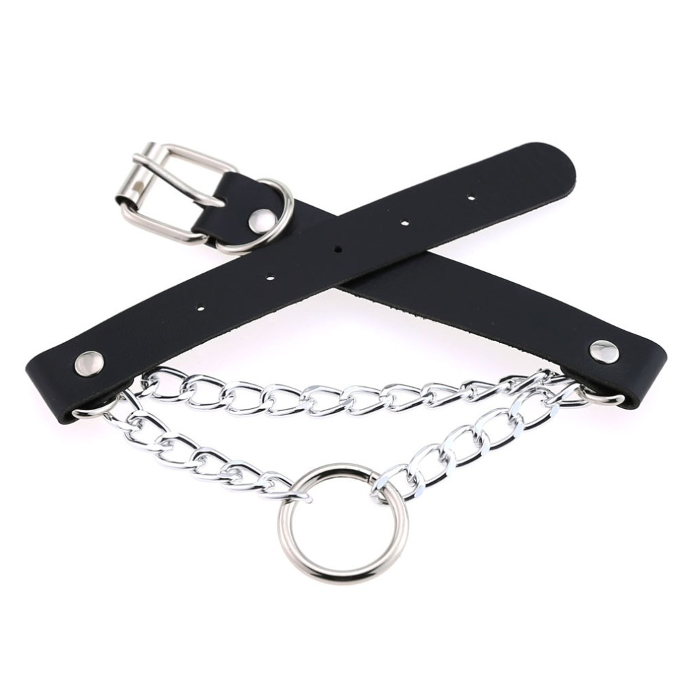Silver chain and PU leather choker with ring, perfect for gothic style outfits and unisex neck jewelry.