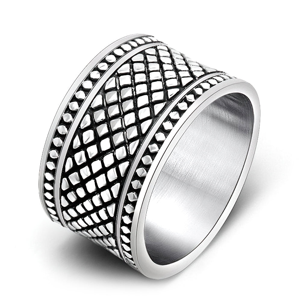 Silver grid pattern unisex wide finger ring, stainless steel gothic jewelry with polished interior.