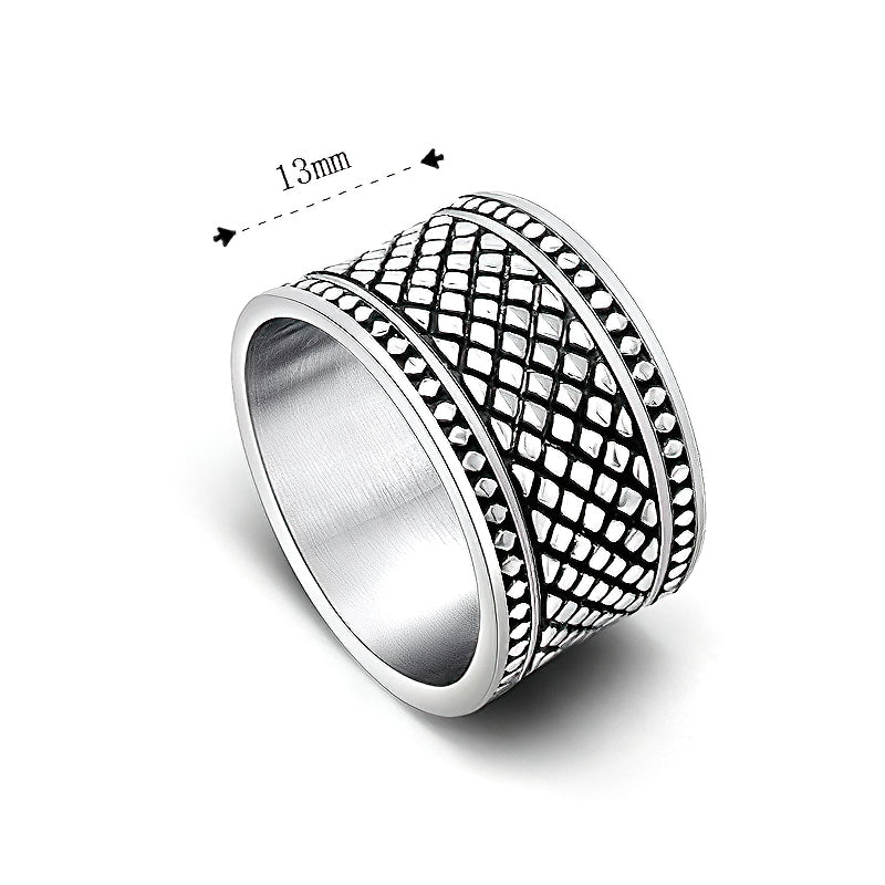 Stylish silver grid pattern unisex ring, made of stainless steel, featuring a polished interior and unique design.