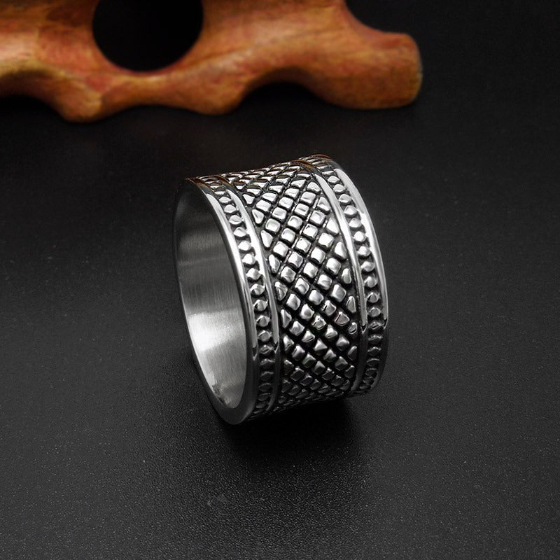 Silver color grid pattern unisex ring, wide stainless steel jewelry with polished inner surface, perfect for any outfit.