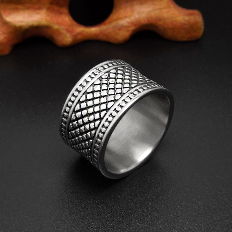 Silver unisex wide ring with grid pattern design, polished stainless steel for stylish Gothic jewelry.