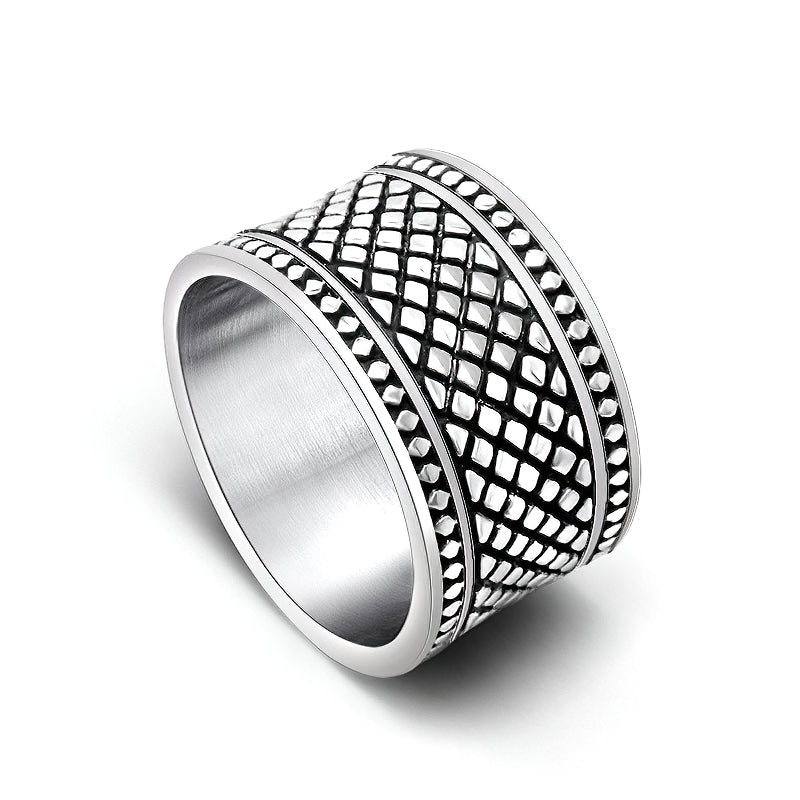 Silver grid pattern unisex ring showcasing a polished stainless steel finish, perfect for gothic jewelry lovers.