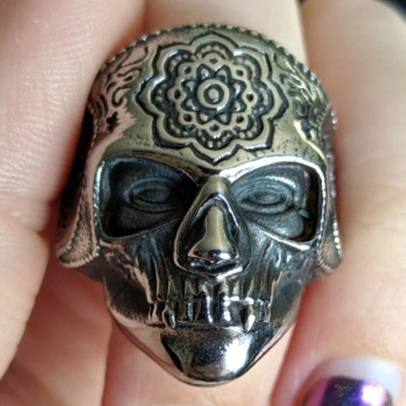 Silver sugar skull ring with mandala design, unisex biker jewelry for self-expression, available in sizes 7-13.