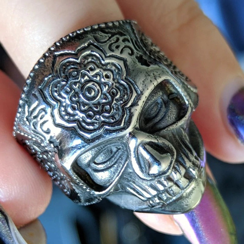 Silver color heavy sugar skull ring featuring intricate mandala design for stylish biker jewelry.
