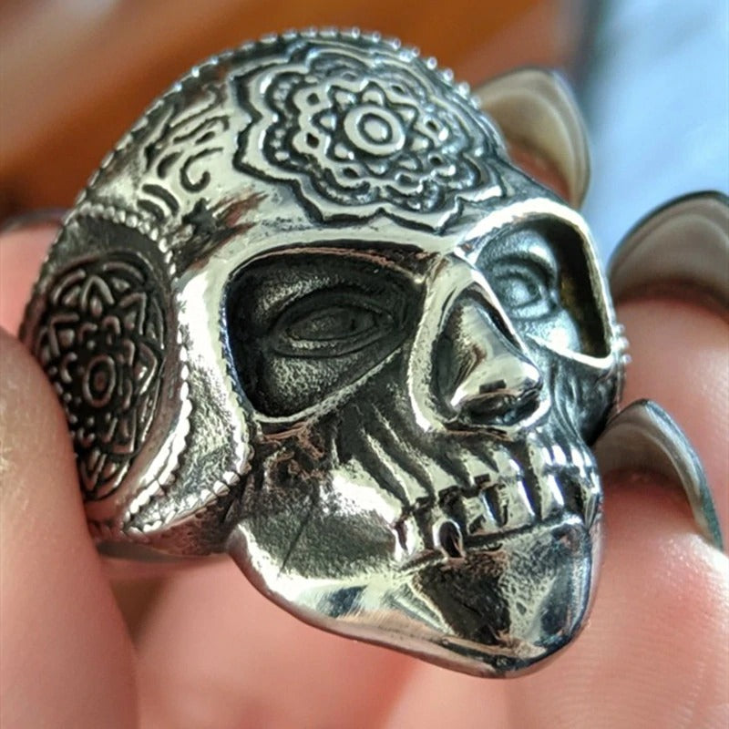 Heavy silver sugar skull ring with mandala design, perfect for stylish bikers and alternative fashion lovers.