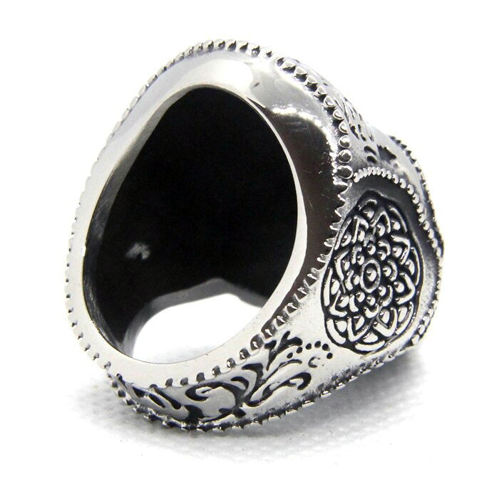 Silver color heavy sugar skull ring with intricate mandala flower design, perfect for bikers and alternative fashion enthusiasts.