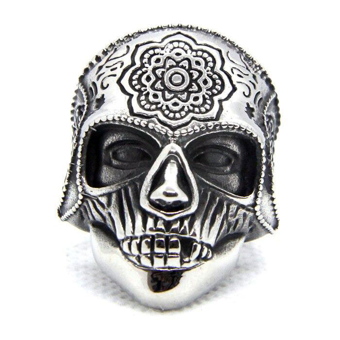Silver color mandala sugar skull ring for men, biker jewelry for alternative fashion, suitable for sizes 7-13.