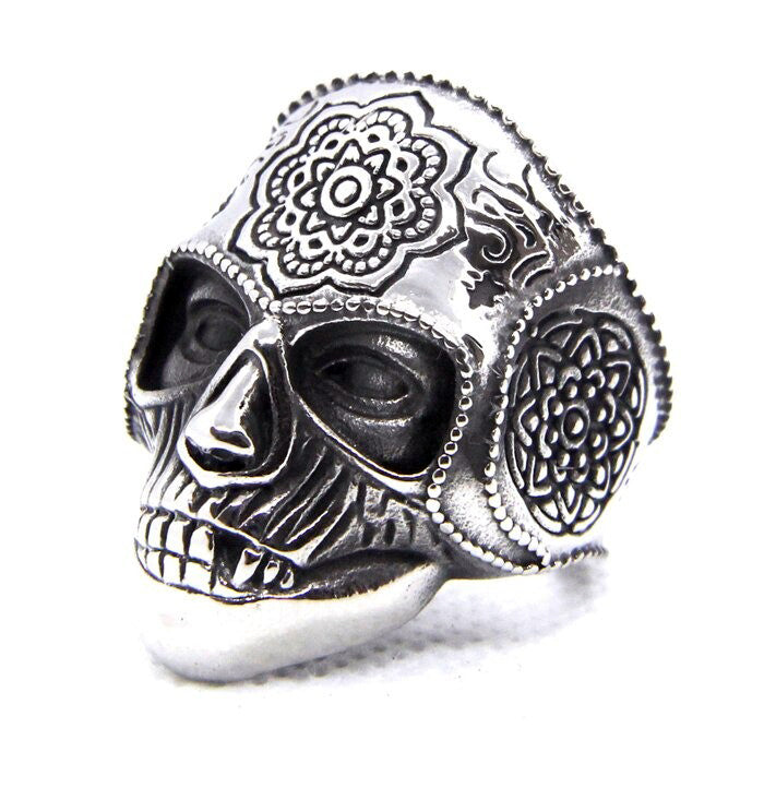 Silver heavy mandala sugar skull ring for men, unisex alternative jewelry, perfect for bikers and rock fashion lovers.