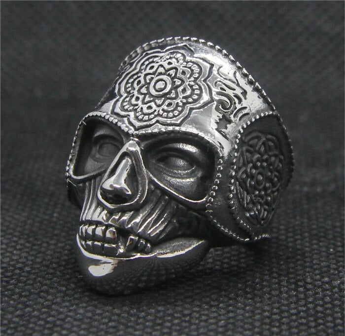 Silver color sugar skull ring with intricate mandala design for men and unisex alternative jewelry.