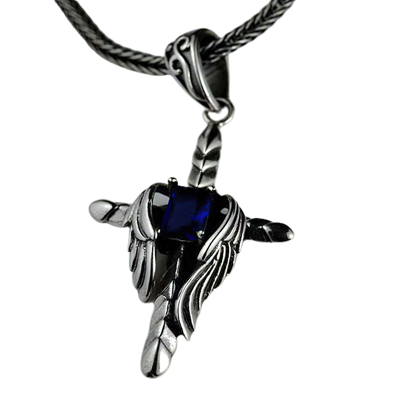 Silver Cross With Angel Wings And Blue Stone / Unisex 925 Sterling Silver Pendant - HARD'N'HEAVY