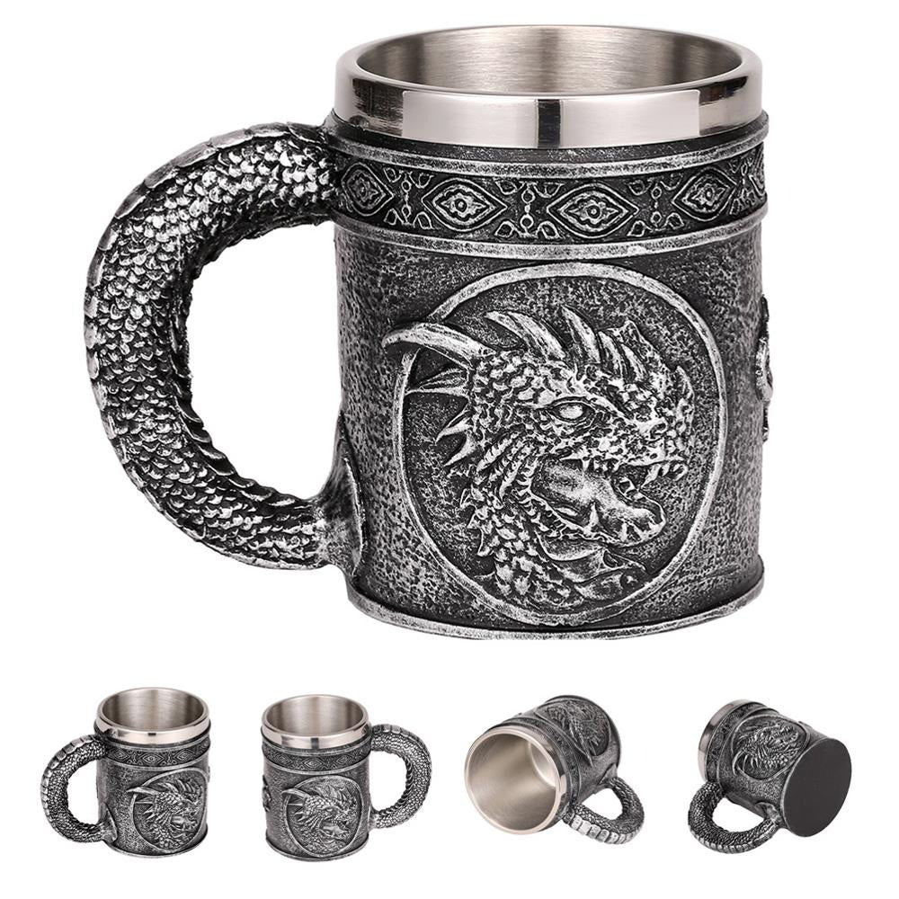 Vintage silver resin and stainless steel beer mug with dragon head, eco-friendly retro Viking style, perfect for collectors.