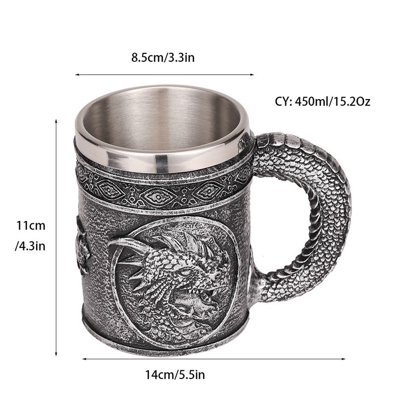 Vintage silver resin and stainless steel beer mug with dragon head, 450ml capacity, perfect for retro Viking style.