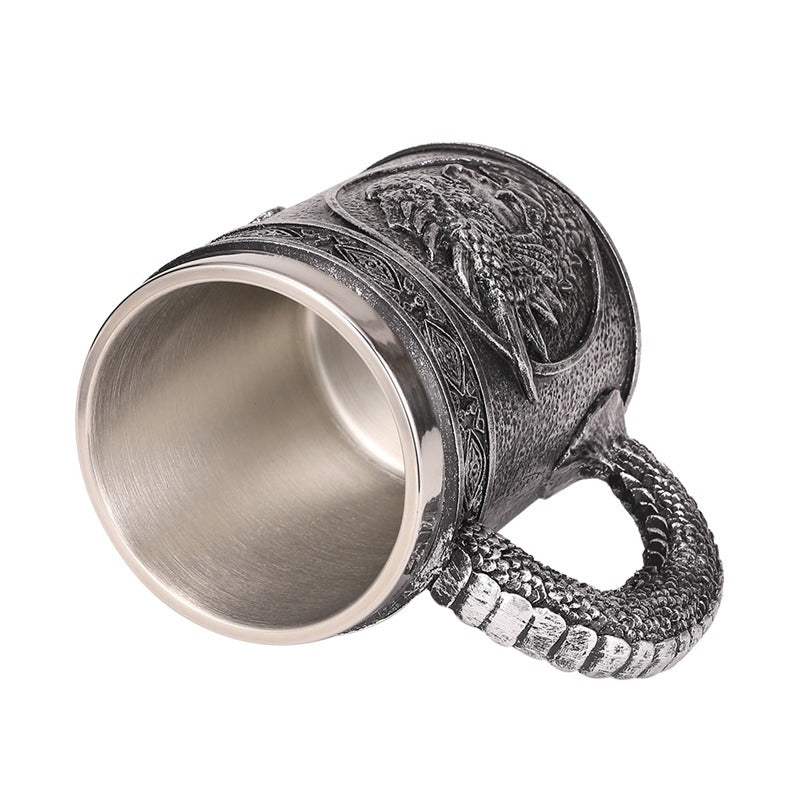 Silver resin and stainless steel beer mug with dragon head design, vintage Viking style, perfect for collectors or gifts.