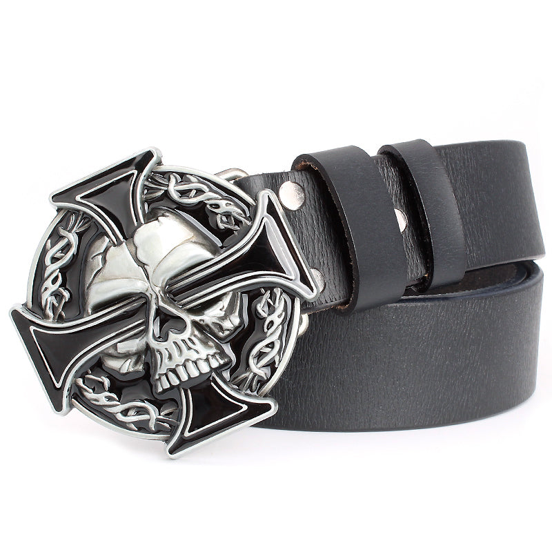 Silver Skull Cross Belt with metal buckle and black leather, perfect for rock concert outfits.