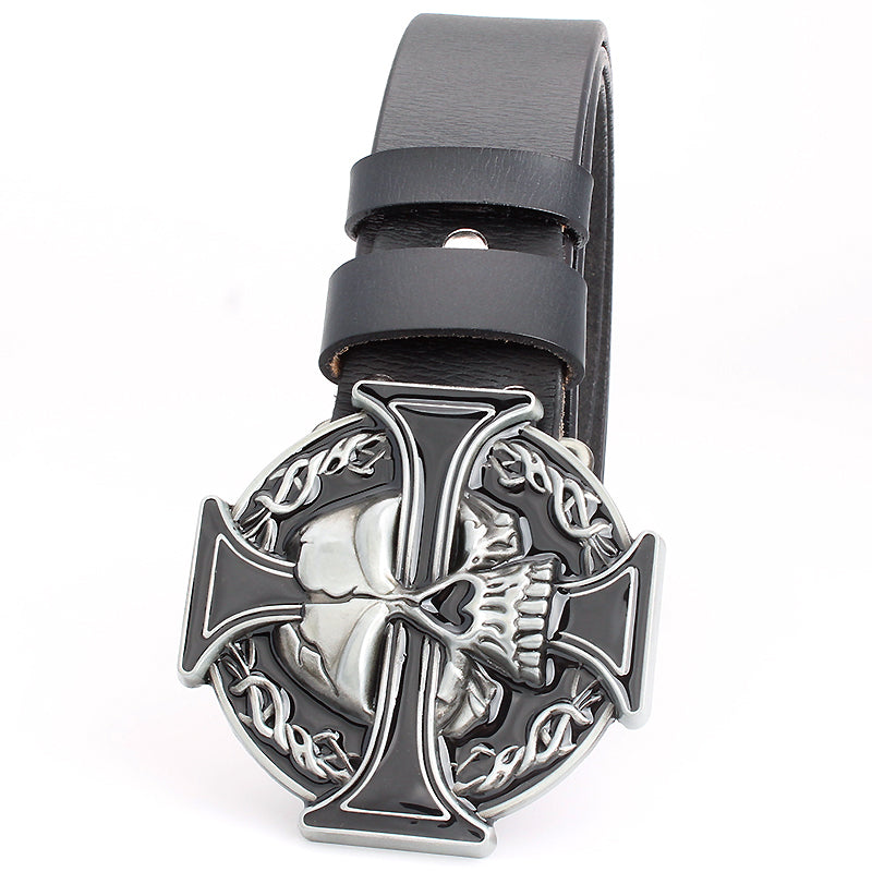 Silver Skull Cross Belt in Rock Style / Metal Buckle Flame Skull Belt - HARD'N'HEAVY