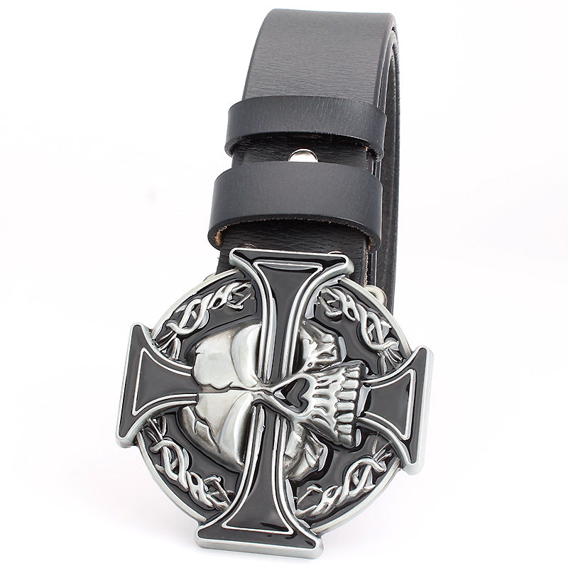 Silver skull cross belt with metal buckle in rock style, perfect for unisex rock concert outfits.