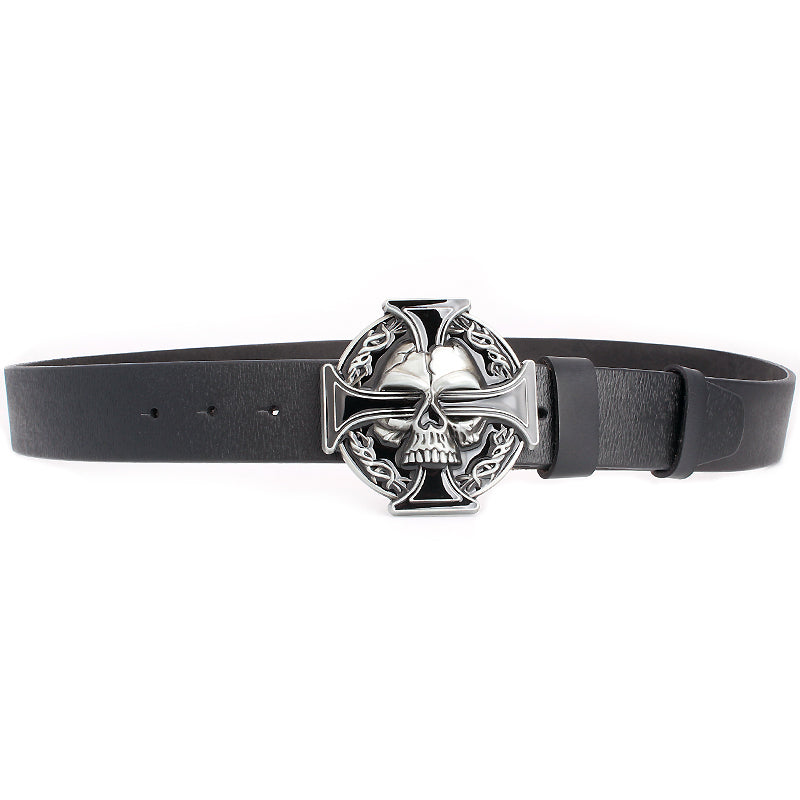 Silver skull cross belt with metal buckle, perfect for rock fashion and concerts. Unisex cow skin belt.