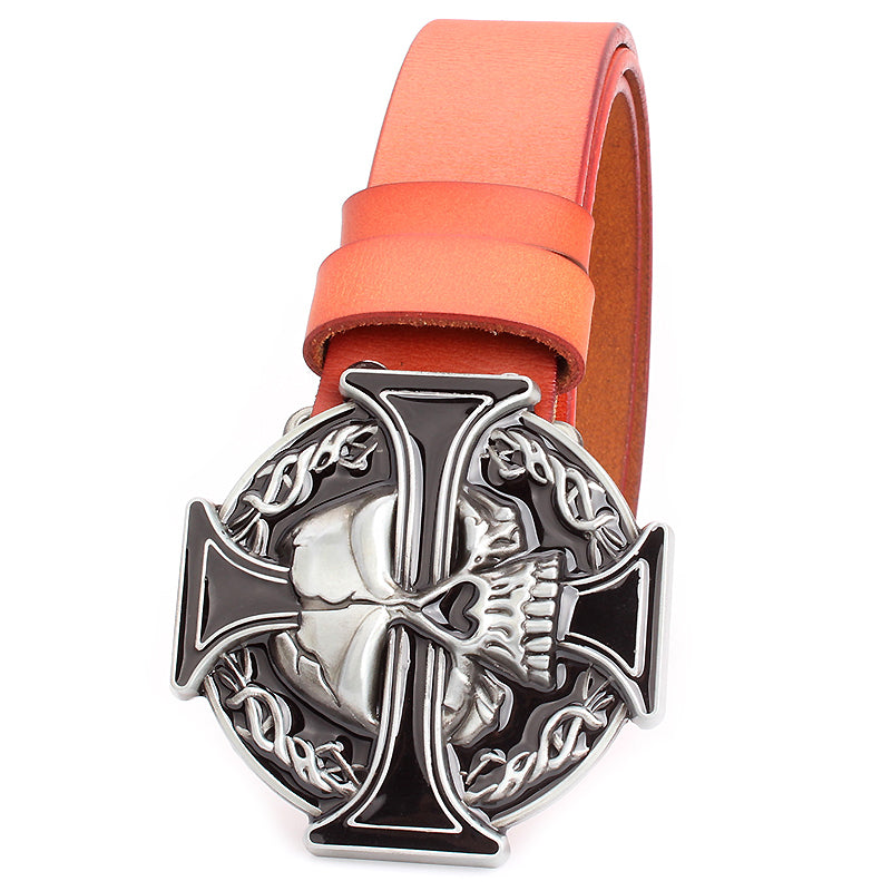 Silver skull cross belt with detailed buckle in rock style, perfect for adding edge to your outfit.
