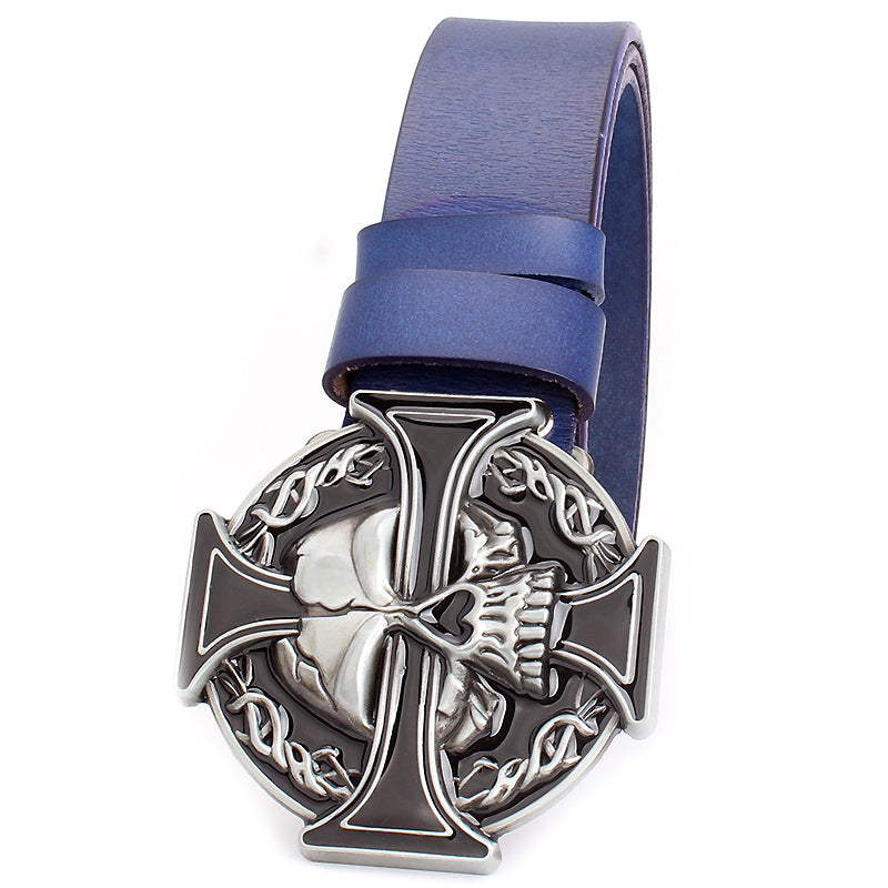 Silver skull cross belt with metal buckle, perfect for rock fashion and concerts, available in various colors.