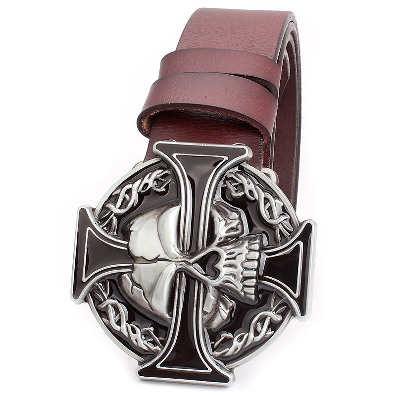 Silver Skull Cross Belt with intricately designed buckle, perfect for rock fashion enthusiasts.