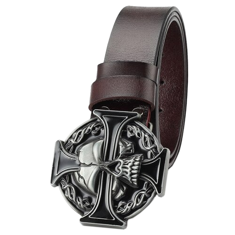 Stylish silver skull cross buckle on a brown leather belt perfect for rock fashion and concerts.