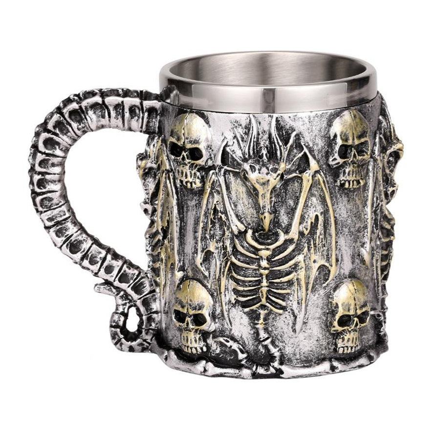 Silver Skull Dragon Beer Mug with intricate skull and skeleton design, perfect for Viking-themed parties.