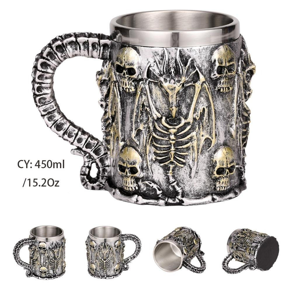 Silver skull dragon mug with resin design and stainless steel interior, perfect for Viking-themed celebrations.