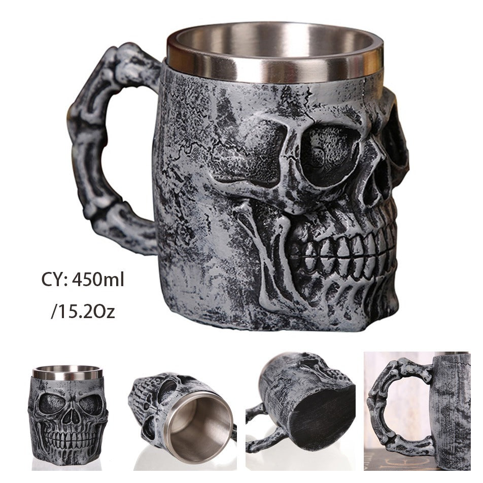 Silver Skull King Resin and Stainless Steel Beer 450ml Mug / Retro Viking Pub Bar Mug - HARD'N'HEAVY
