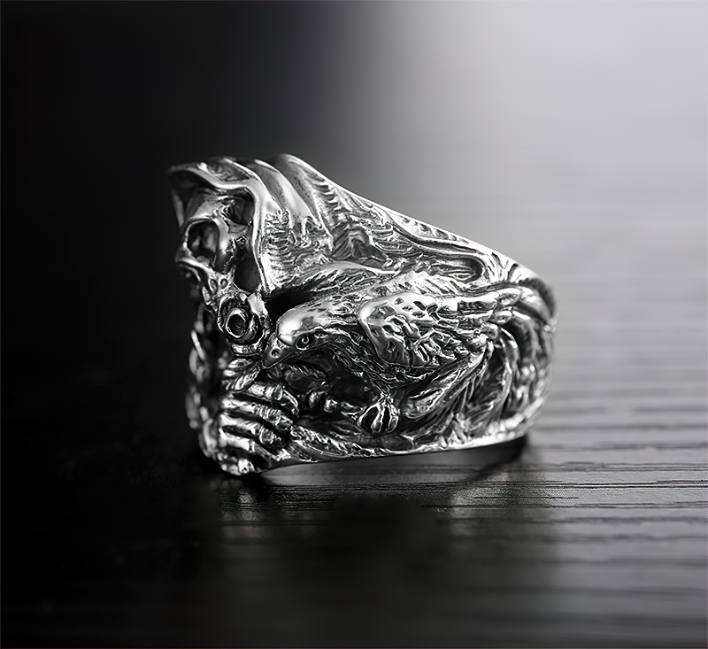 925 sterling silver skull ring with intricate design featuring a skull and crow, perfect for a gothic style.