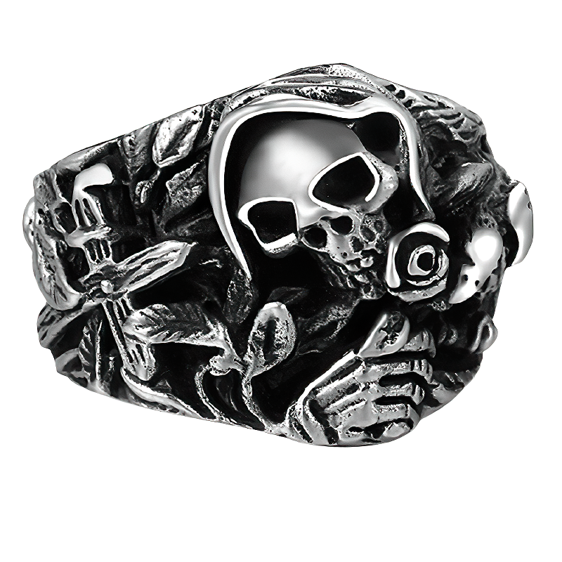 925 sterling silver skull ring with floral design for gothic and rock styles, perfect unisex jewelry accessory.