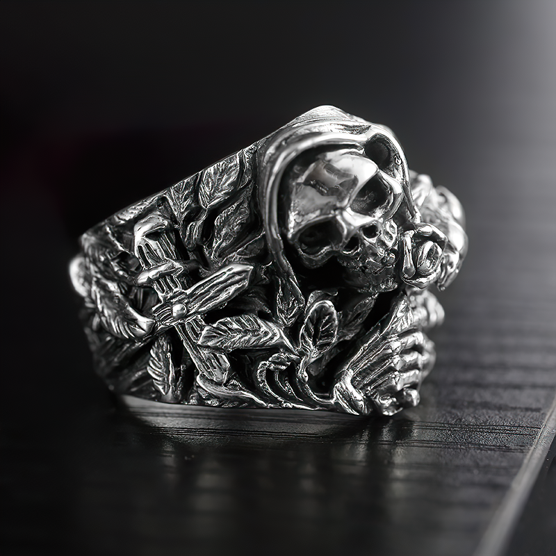 925 Sterling Silver Skull Ring with intricate skeleton and floral design, perfect for gothic style.