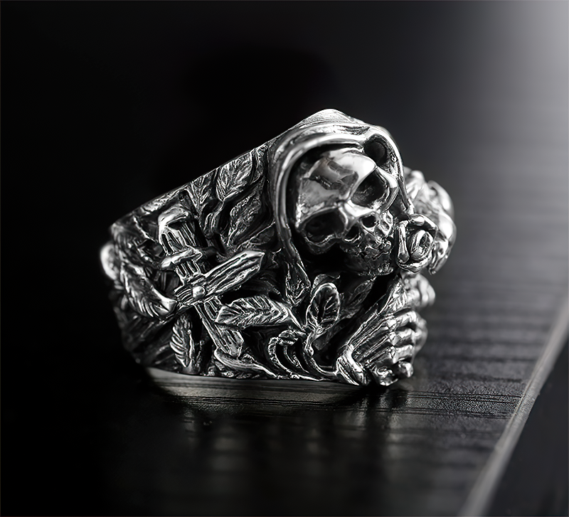 925 Sterling Silver Skull Rings For Men And Women / Vintage Skeleton Flower Cross Ring - HARD'N'HEAVY