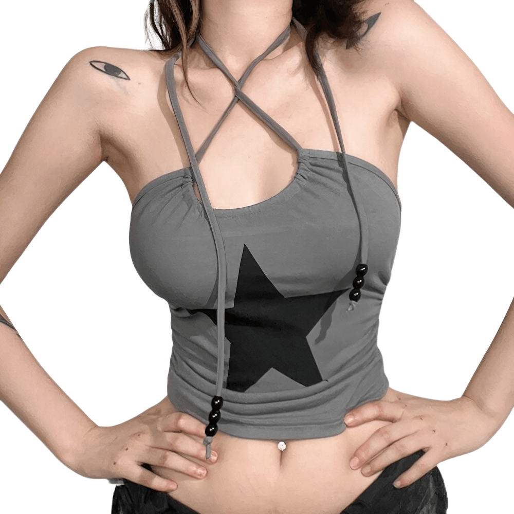 Light gray women's camisole with stylish black star print, perfect for casual outfits.