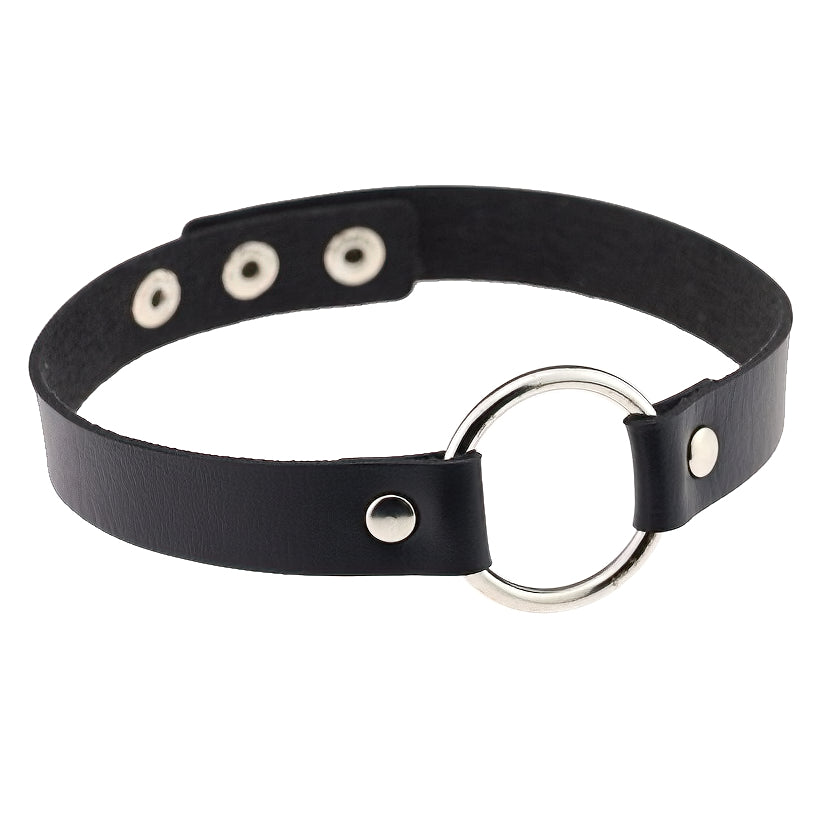 Simple black Gothic choker necklace with zinc alloy ring and snaps on PU leather strap.