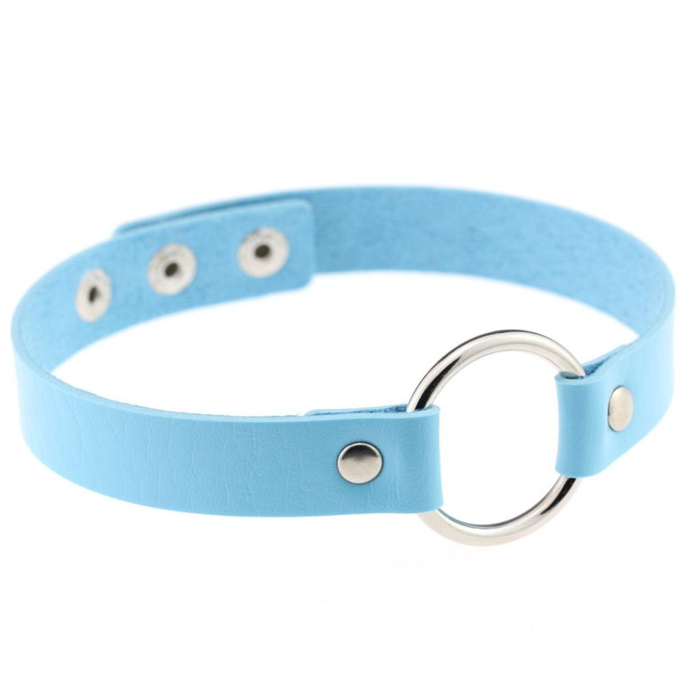 Blue PU leather choker featuring a zinc alloy ring, showcasing simple gothic style fashion jewelry.