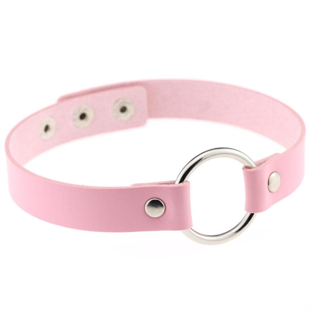 Pink PU leather choker with silver zinc alloy ring, perfect for gothic style and versatile outfit coordination.