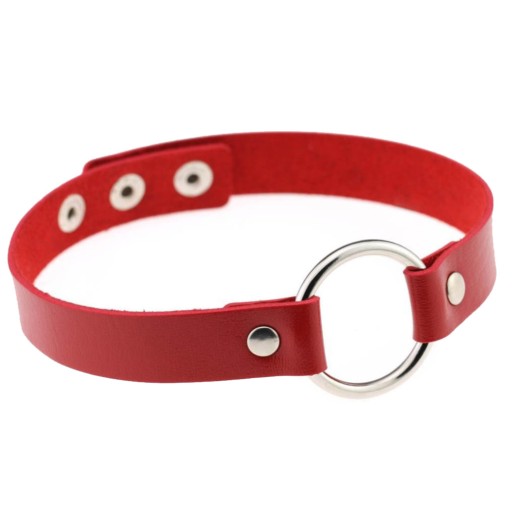 Red PU leather choker with zinc alloy ring and snap closures, perfect for Gothic and fashion styles.
