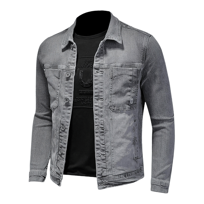 Men's slim fit gray denim jacket with turndown collar, perfect for stylish casual outfits.