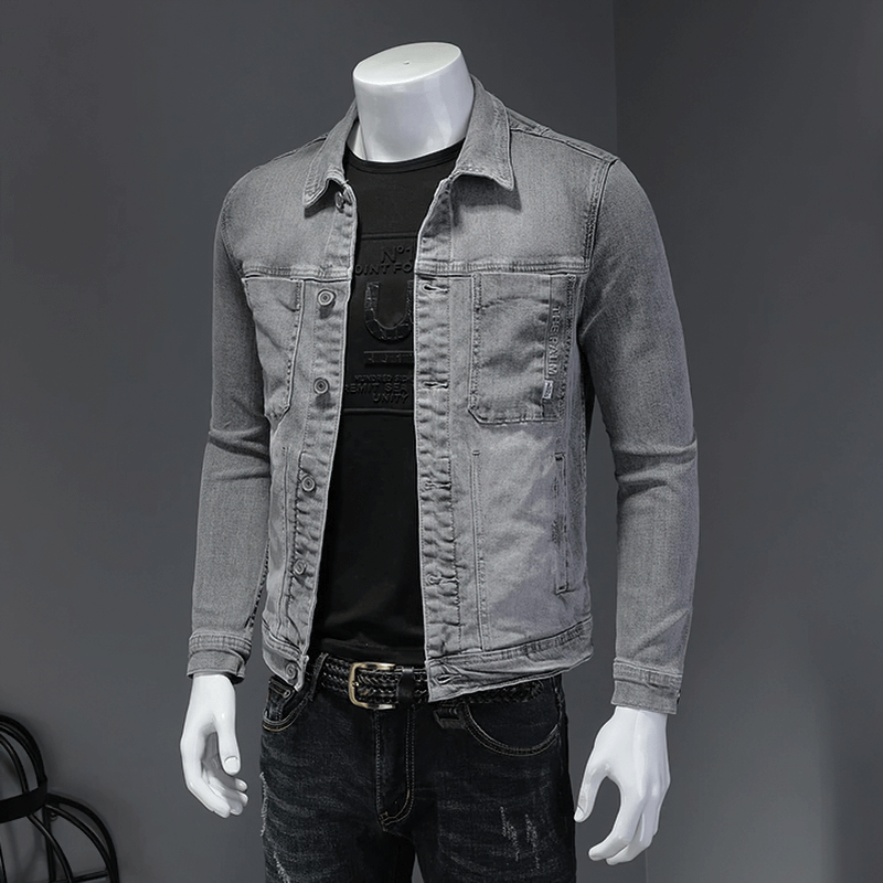 Men's slim fit gray denim jacket with turndown collar, perfect for stylish casual outfits.