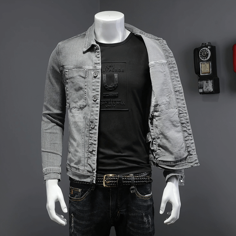 Single-breasted Denim Jacket with Turndown Collar / Men's Slim Fit Gray Jacket / Male Cool Outfits