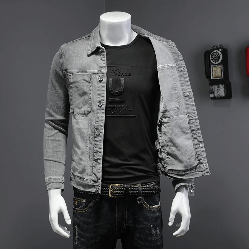 Men's gray slim fit denim jacket with turndown collar over black t-shirt, perfect for trendy casual outfits.