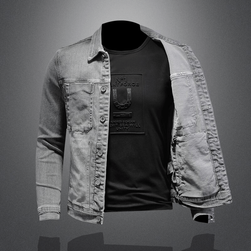 Men's slim fit gray denim jacket with turndown collar, displayed over a black shirt, stylish casual outfit.